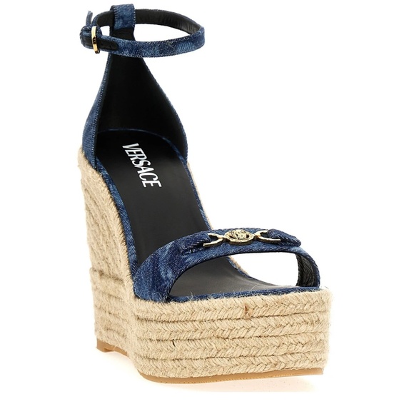 VERSACE Barocco Denim Wedge Sandals - Picture 1 of 10